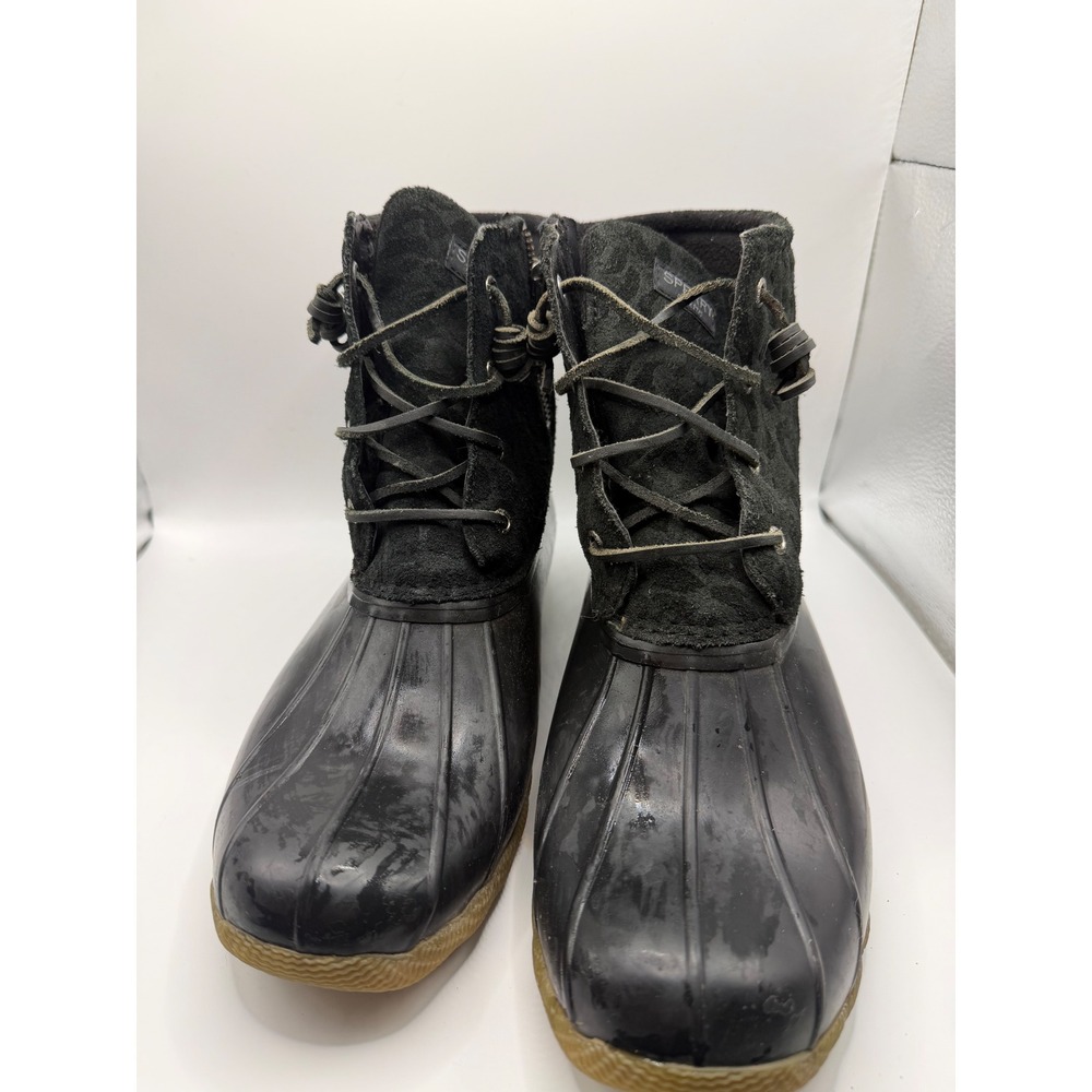 Sperry Saltwater Black Leopard Suede Duck Boots Womens 10  Ankle Rain‎ Boots